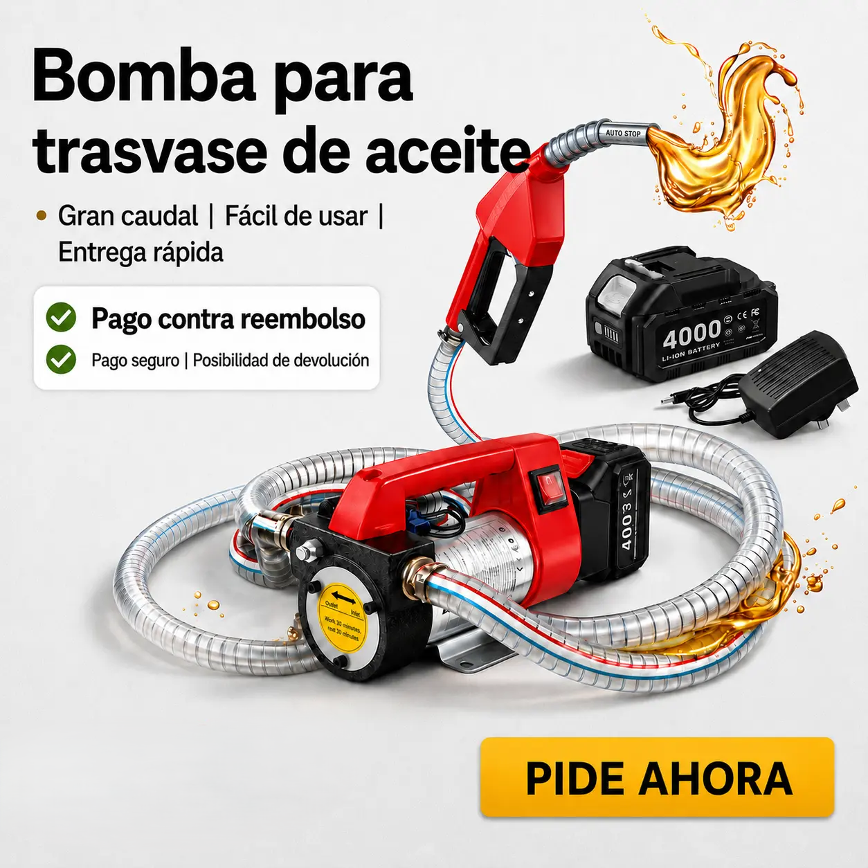 Bomba recargable para trasvase de aceite y combustible con batería y manguera