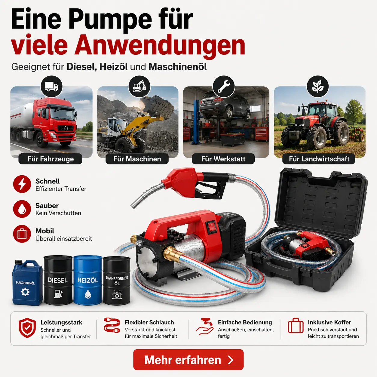 Mobile Dieselpumpe für Diesel, Heizöl und Maschinenöl mit Koffer