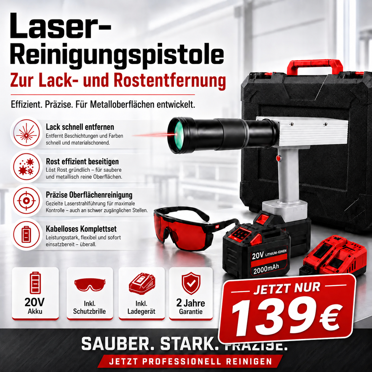 Laser-Reinigungspistole zur Lack- und Rostentfernung mit 20V Akku