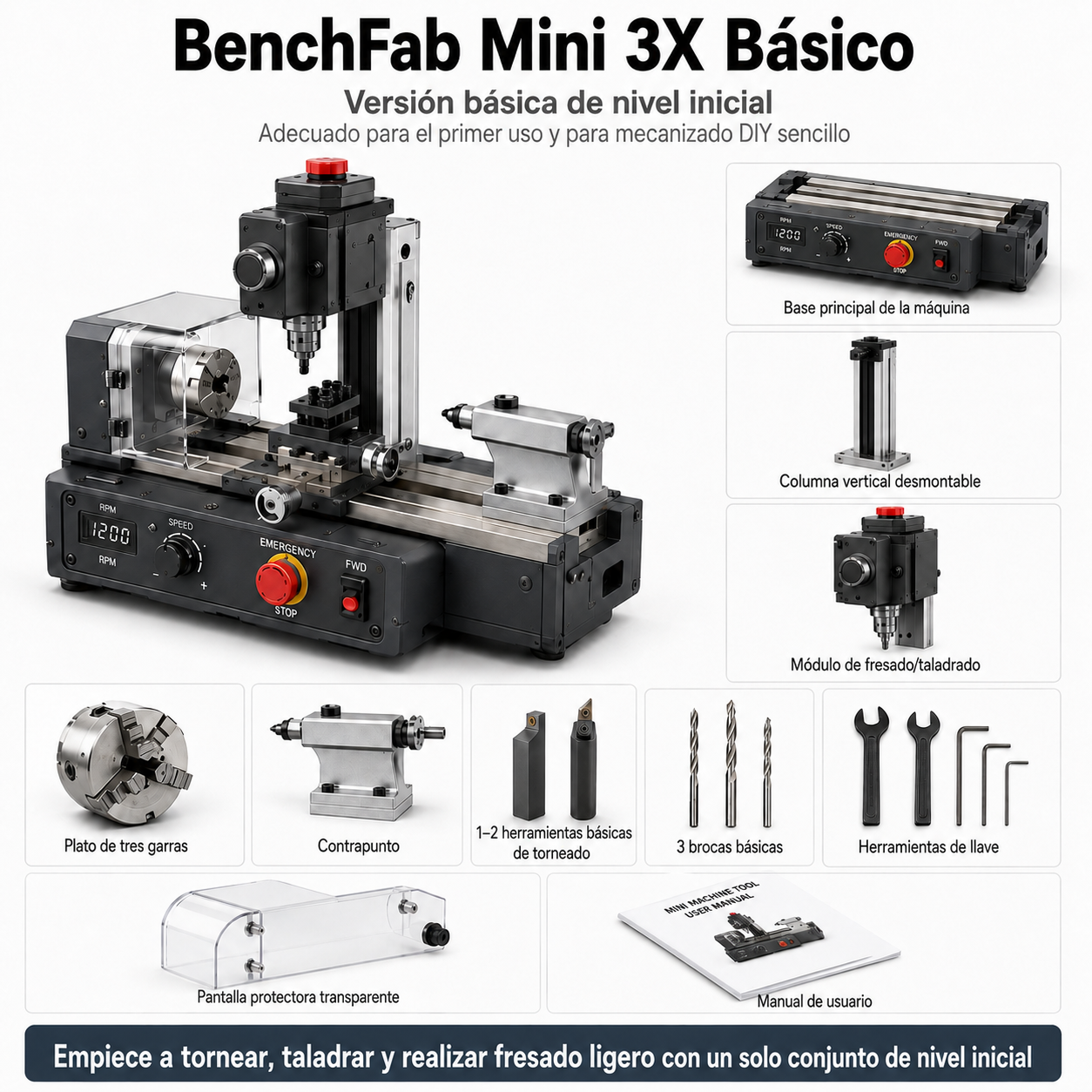 BenchFab Mini 3X – mini torno 3 en 1 para bricolaje y modelismo